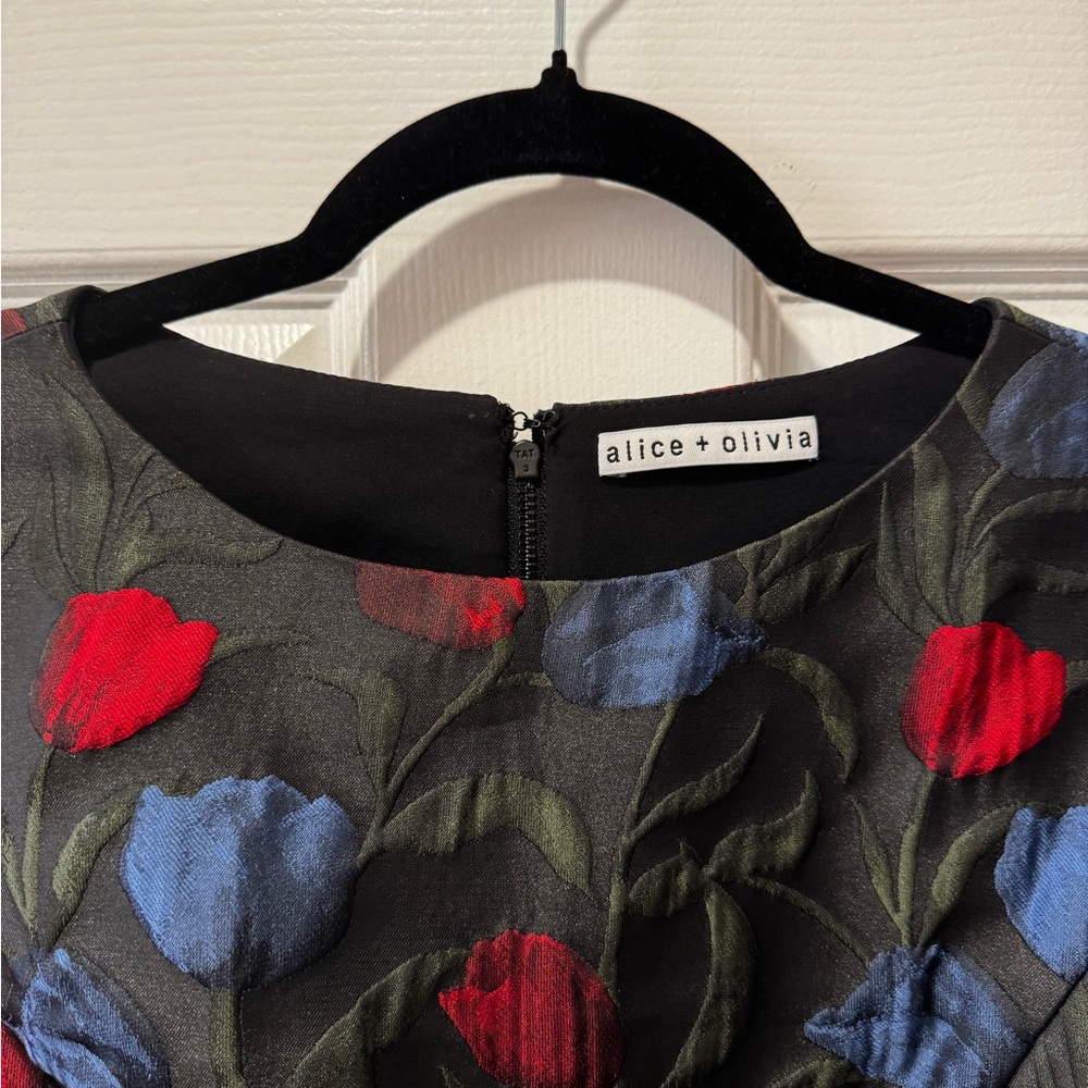 Alice + Olivia Black Floral Jacquard Babydoll Dress with Red & Blue Tulips - Picture 6 of 12